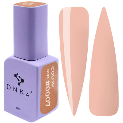 DNKa gel polish bottle and nude pink nail swatch, 12ml