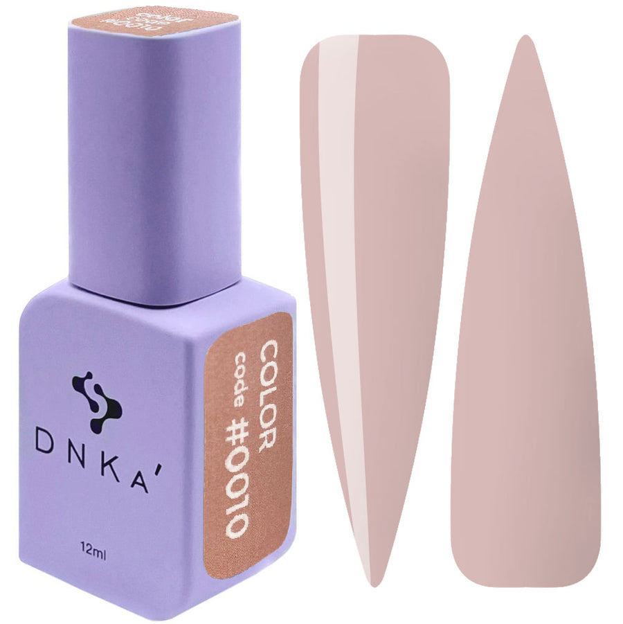 DNKa color gel polish #0010 bottle with light pink nail swatch