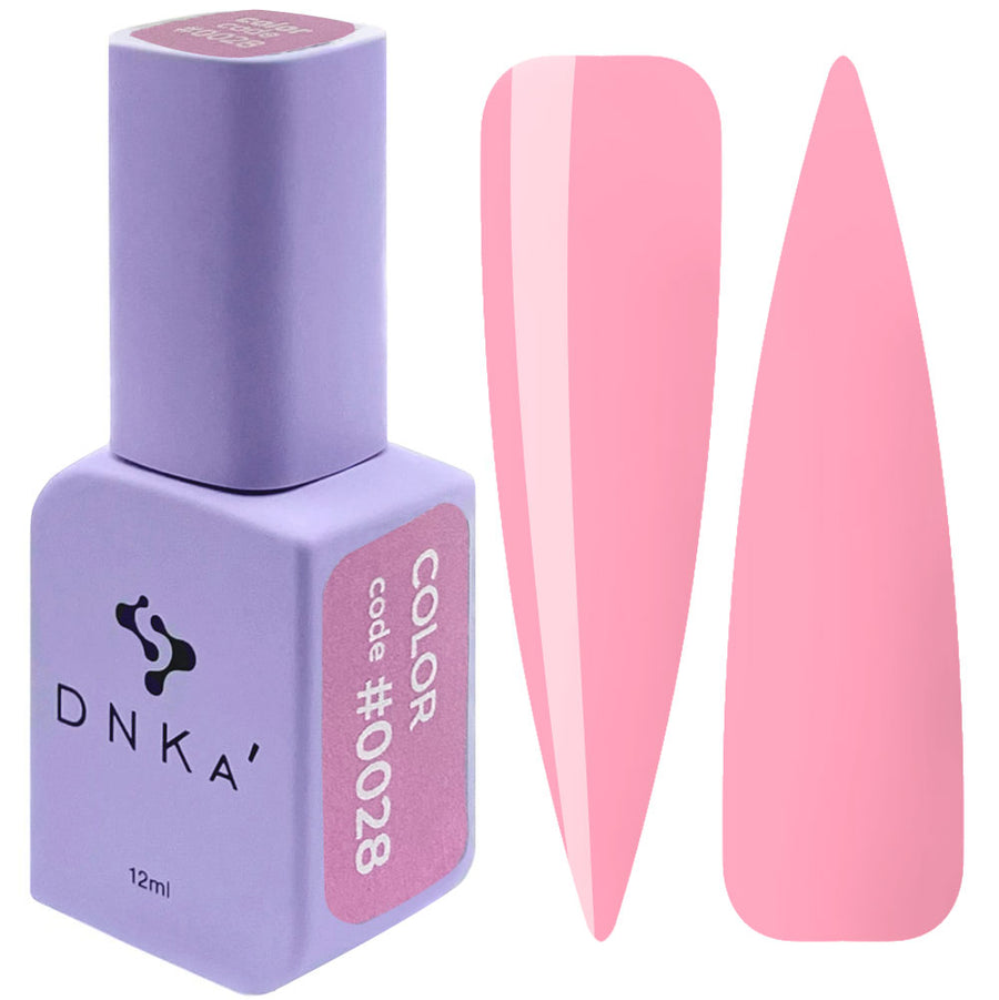 Color gel polish bottle with light pink nail swatches, shade #0028