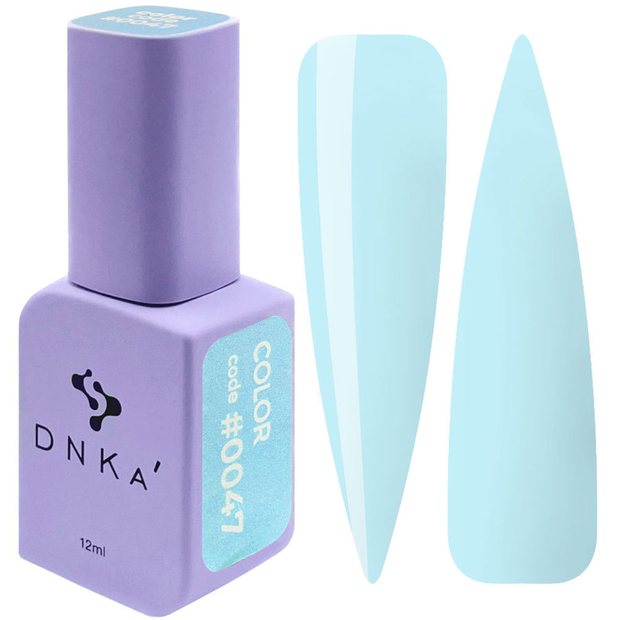 DNKa color gel polish bottle and light blue nail swatches (#0047)