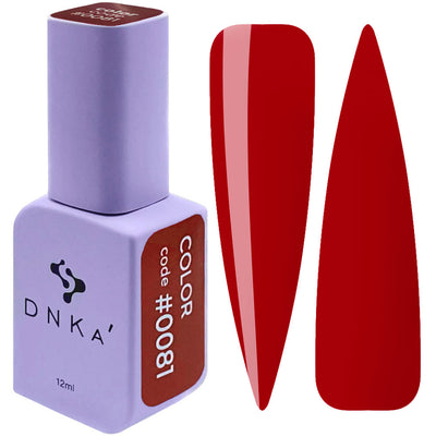 DNKa gel polish bottle with dark red swatches, shade #0081