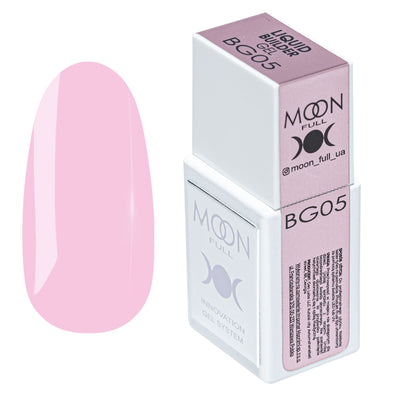 Moon Full Liquid Builder Gel BG05 15 ml with pink nail color swatch on box