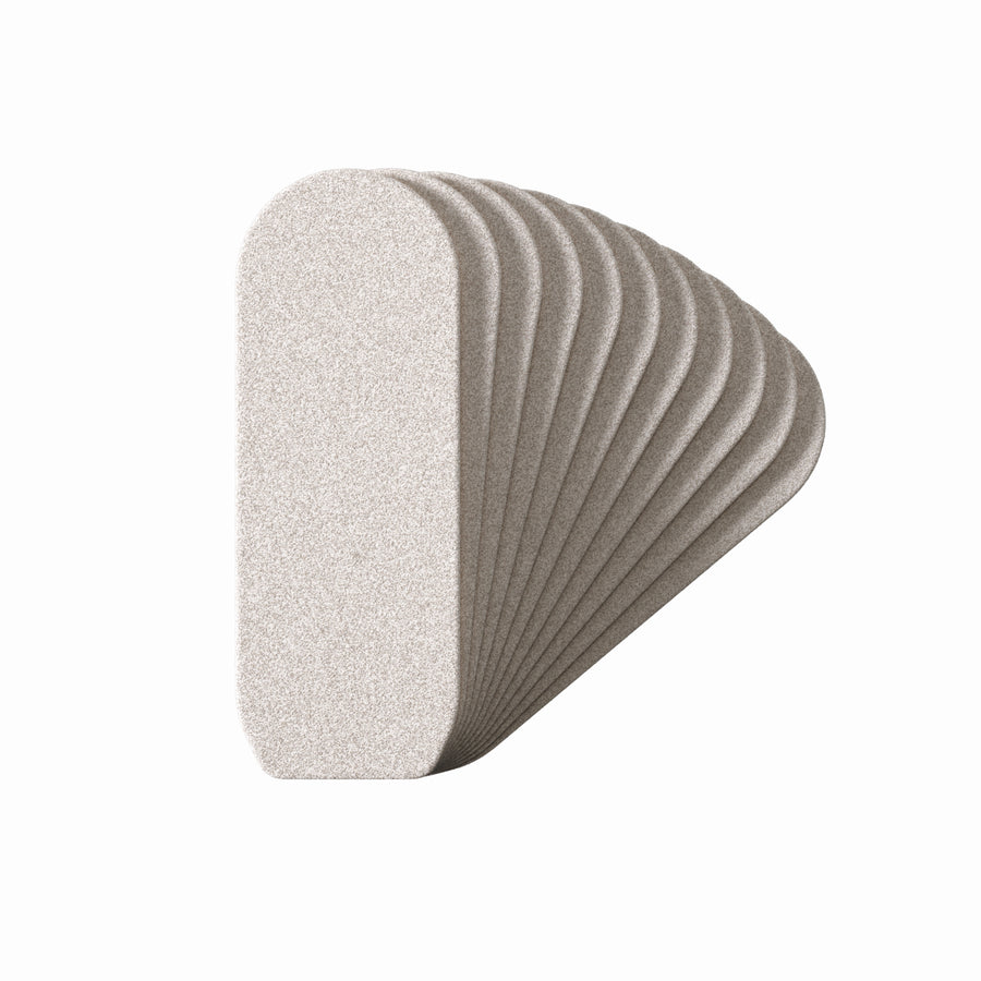 Abrasive nail file block, light gray rounded wedge with ribbed concave side