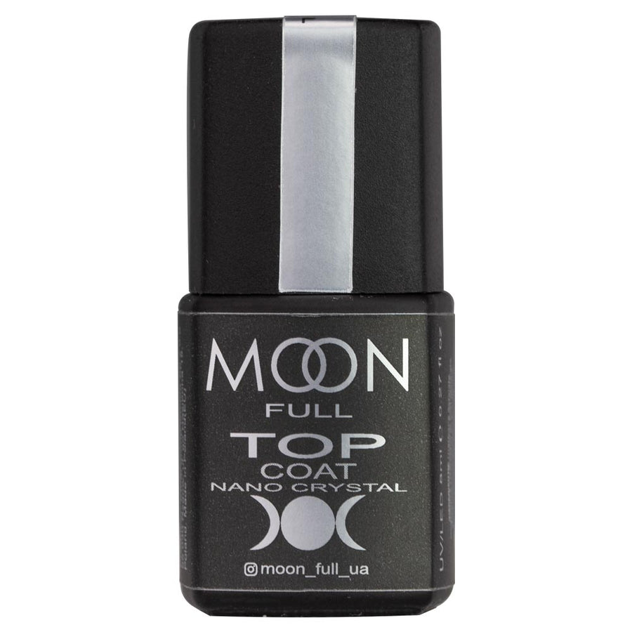 Moon Full Top Coat nail top coat bottle with black cap and silver label