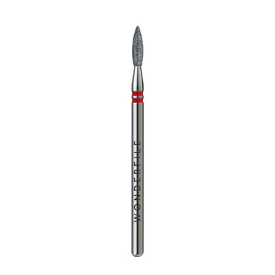 Nail drill bit with gray flame tip and red ring on metal handle