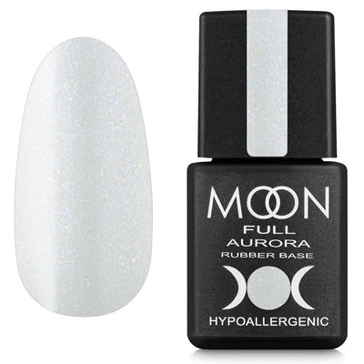 Moon Full Aurora rubber base bottle with white-silver glitter nail swatch
