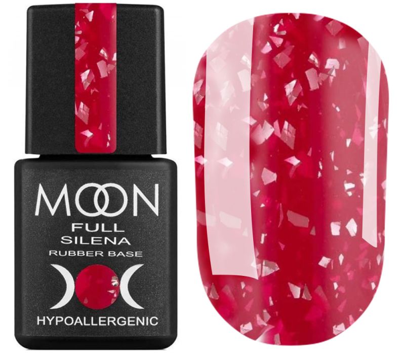 Moon Full rubber base nail gel, dark pink, white fleck swatch and bottle