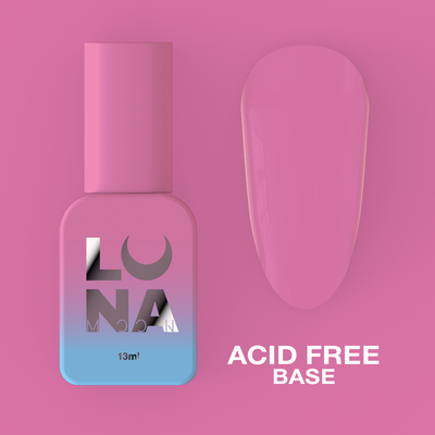 LunaMoon acid-free nail base bottle with blue-to-pink label and pink swatch nail