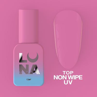 Non-wipe UV top coat bottle with 13 ml label and lavender applicator swatch