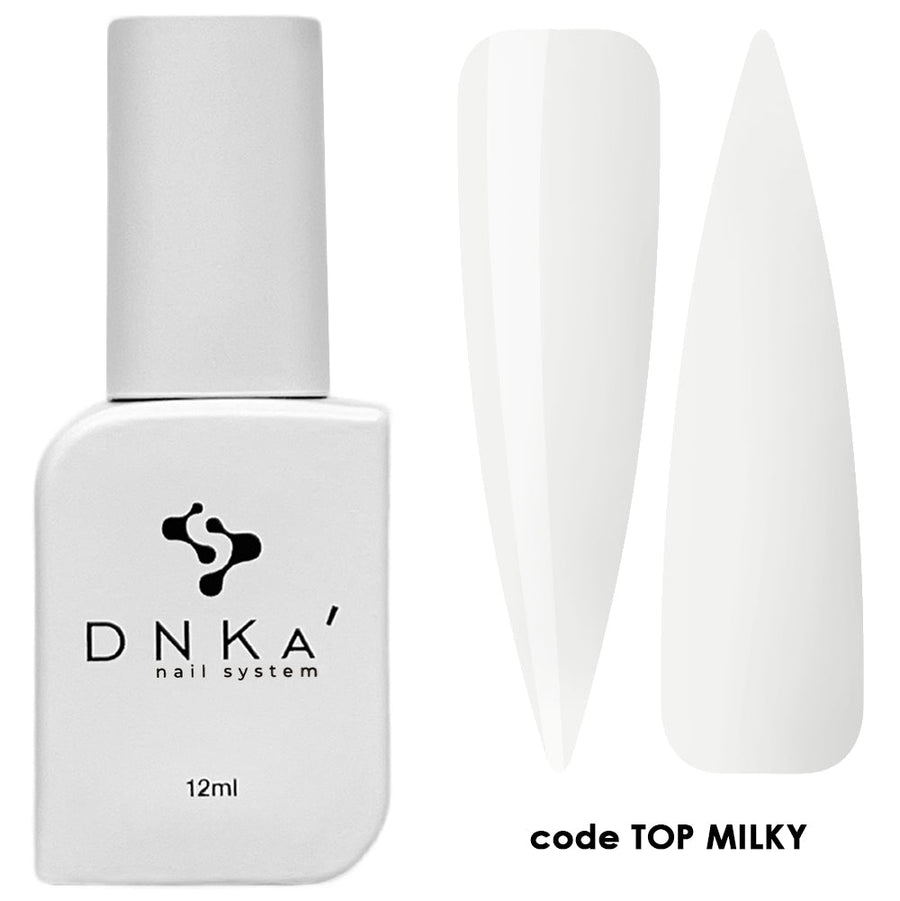 Milky white nail top coat in 12 ml bottle with glossy swatch