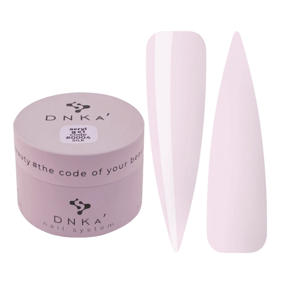 DNKa acrylic gel in 30ml jar, #0004 Silk, with pale pink nail tips
