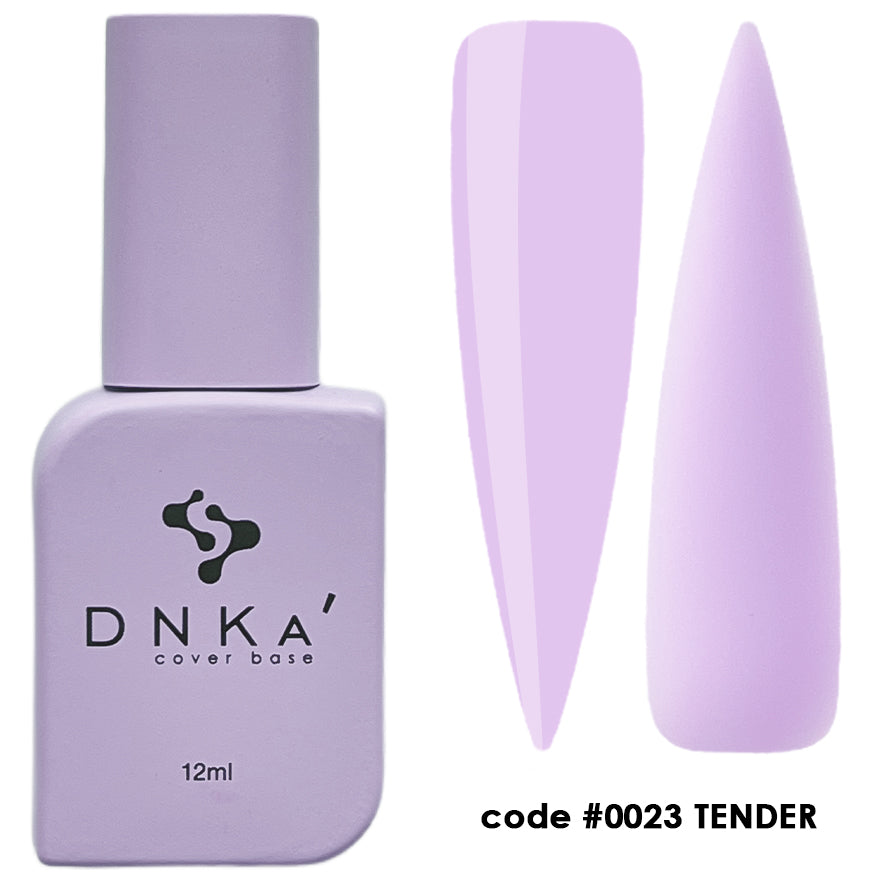 DNKa cover base nail polish bottle, lilac #0023 Tender 12ml, with two nail swatches