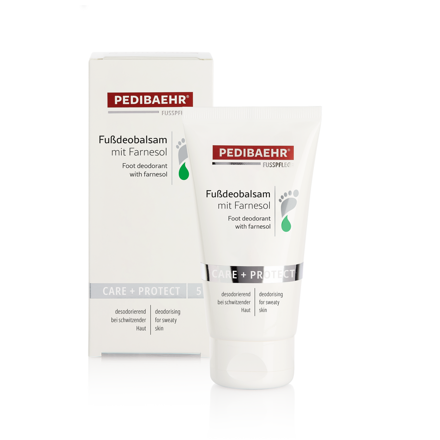Foot deodorant balm tube and box, white with green farnesol drop detail
