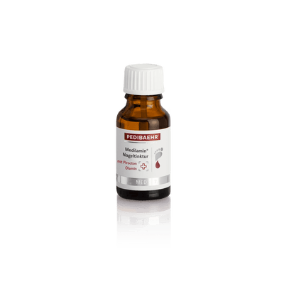 BAEHR Medilamin nail tincture bottle with white ribbed cap, amber glass, 15 ml