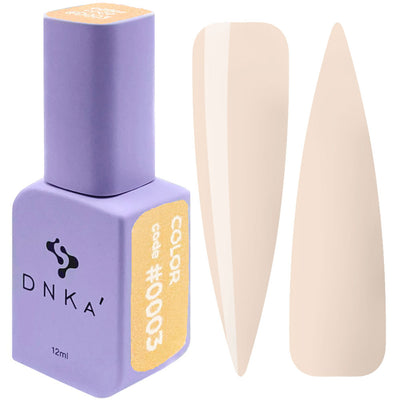 DNKa color gel polish bottle with pale nude nail swatch, 12ml