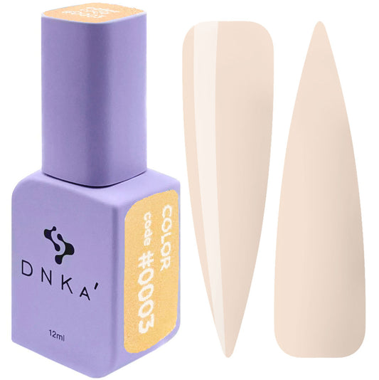 DNKa color gel polish bottle with pale nude nail swatch, 12ml