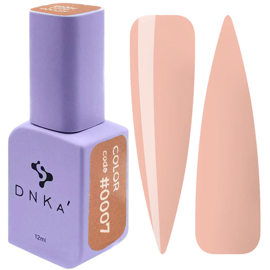 DNKa gel polish bottle and nude pink nail swatch, 12ml