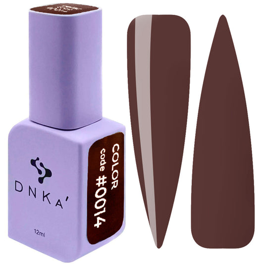 DNKa color gel nail polish bottle with dark brown nail swatch, 12ml