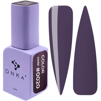 Purple gel nail polish bottle with #0020 shade swatches, 12ml.