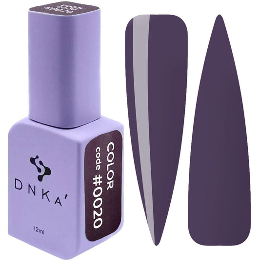 Purple gel nail polish bottle with #0020 shade swatches, 12ml.