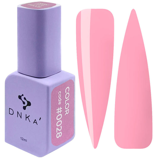 Color gel polish bottle with light pink nail swatches, shade #0028