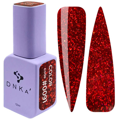 DNKa color gel polish bottle and red glitter nail swatches, shade #0091, 12ml