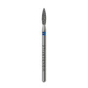Nail drill bit with gray flame tip and blue ring on metal handle, angled view
