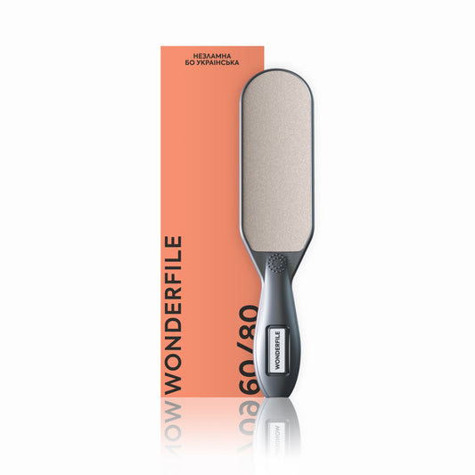 WonderFile foot grater, gray sanding pad, 80/120 grit marking on handle.