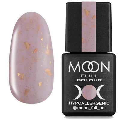 Hypoallergenic rubber base nail gel bottle with lilac tone and gold leaf flakes.