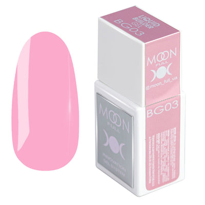 Pink liquid nail builder gel (BG03) in a small boxed bottle with gel swatch