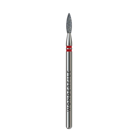 Nail drill bit with gray flame tip and red ring on metal handle