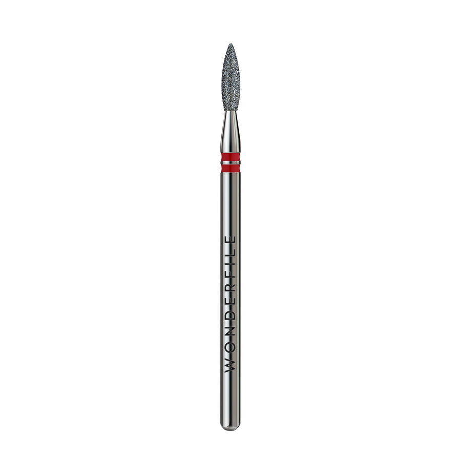 Nail drill bit with gray flame tip and red ring on metal handle