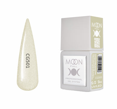 Moon Full color gel nail polish, CG501, 9 ml; light glittery pale gold shimmer.