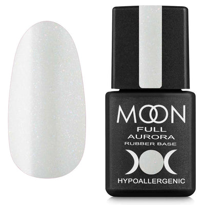 Moon Full Aurora rubber base nail gel, sparkly white glitter swatch and bottle