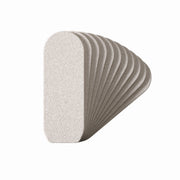 Abrasive nail file block with light gray rounded end and ribbed curved side