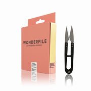 Упаковка WonderFile File-Tape for Base (7 meters) и профессиональные маникюрные ножницы с черными ручками на белом фоне.