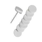 Pedicure buff disc holder with stacked gray abrasive discs on metal rod
