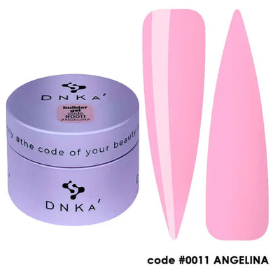 DNKa Builder Gel 15ml #0011 Angelina, pink builder gel nail swatch and jar