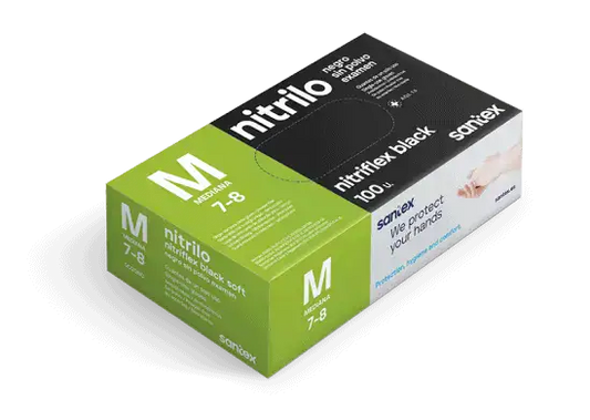 Коробка с одноразовыми перчатками Santex Disposable Gloves 100 pcs черного цвета, размер M, упаковка 100 штук, защищают руки при работе.