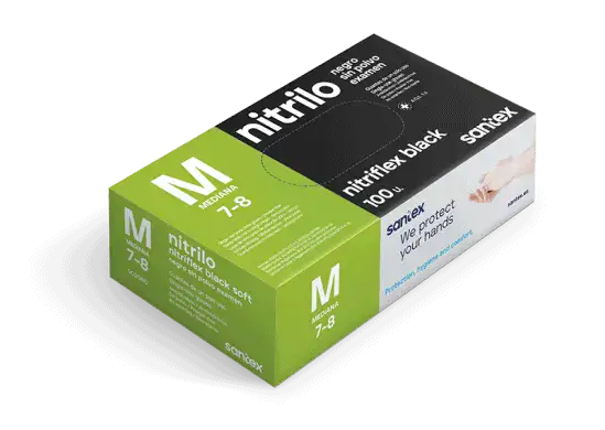 Коробка с одноразовыми перчатками Santex Disposable Gloves 100 pcs черного цвета, размер M, упаковка 100 штук, защищают руки при работе.