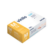 Disposable vinyl gloves box, medium M, yellow packaging, 100 count.