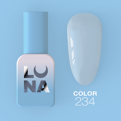 Light blue color gel polish bottle with oval nail swatch