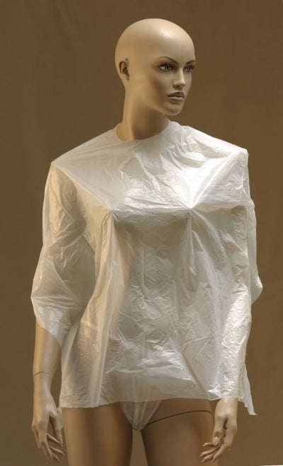 White plastic coloring cape with neck opening and short sleeves