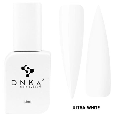 DNKa color gel polish bottle, ULTRA WHITE, 12 ml with white nail swatch