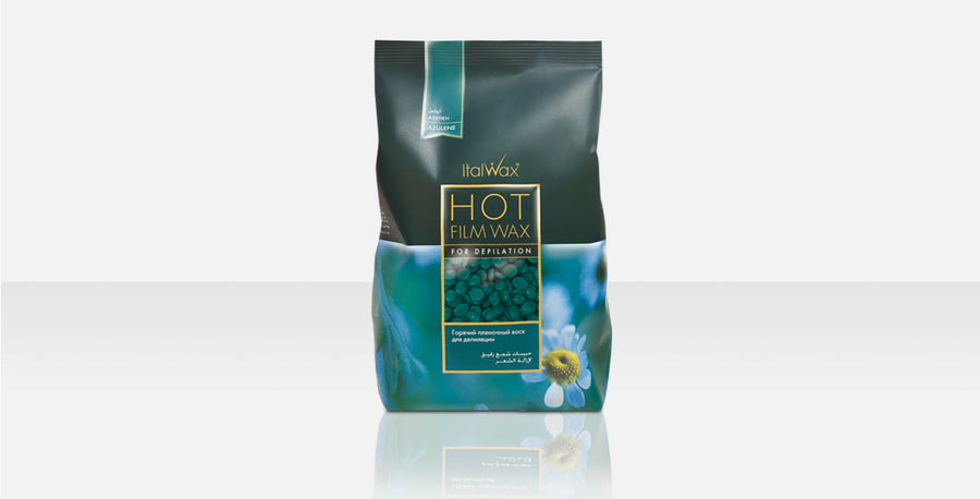 Italwax hot film wax azulene pouch, blue teal packaging with flower graphic