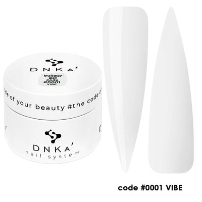 DNKa Builder Gel 15 ml jar with #0001 Vibe label and white nail swatches