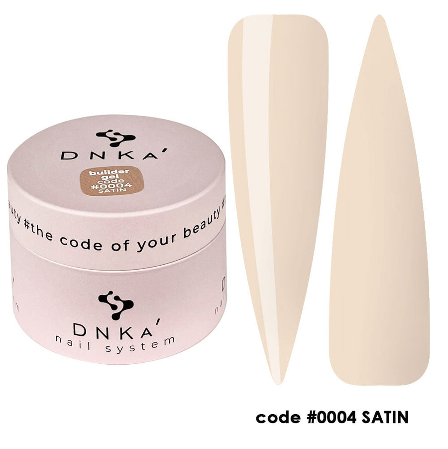 DNKa Builder Gel 15ml jar and beige satin nail swatch, code #0004