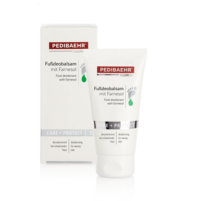 Foot deodorant balm tube and box, white with green farnesol drop detail