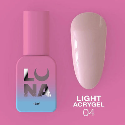LunaMoon Light Acrygel Nº4 13 ml bottle with pink nude nail swatch