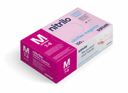 Disposable nitrile gloves box, medium M, magenta packaging, 100 count.